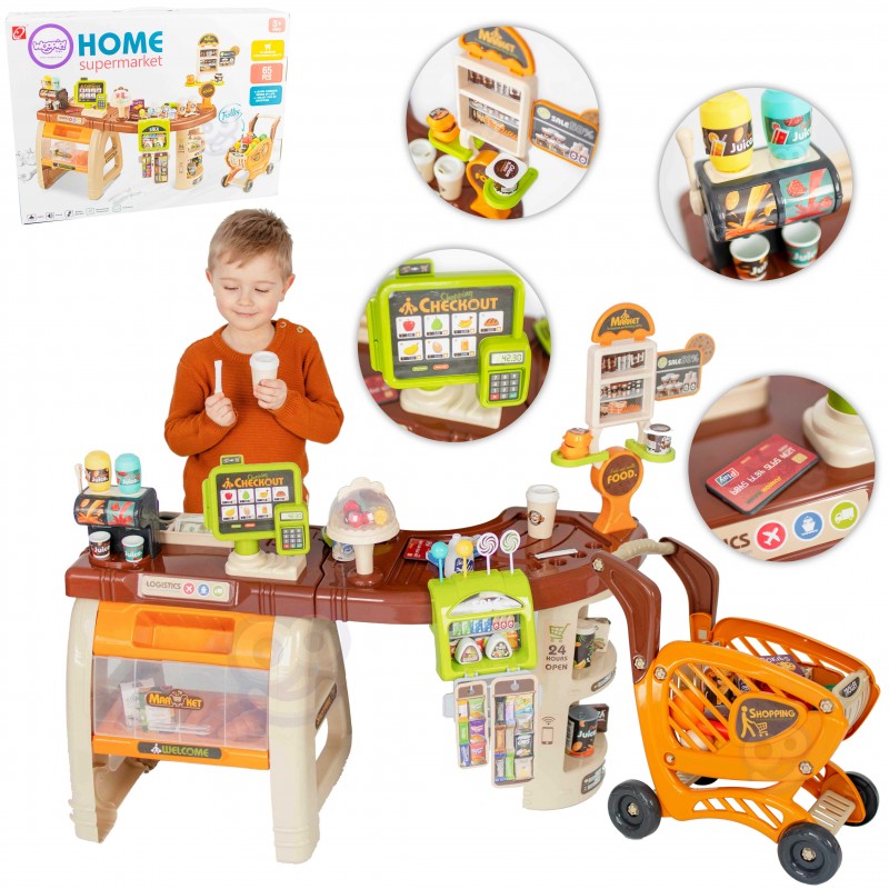 WOOPIE Sklep Supermarket Wózek Kasa Ruchome Elementy + 65 akc. WOOPIE Sklep Supermarket Wózek Kasa Ruchome Elementy + 65 akc.