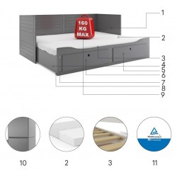 Łóżko młodzieżowe dwuosobowe rozkładane HERMES 200×80 Grafit