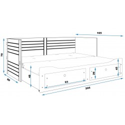 Łóżko młodzieżowe dwuosobowe rozkładane HERMES 200×80 Grafit - wymiary