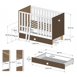 Białe łóżeczko LOFT 2w1 120x60 z szufladą, barierką i opcją tapczanika - wymiary