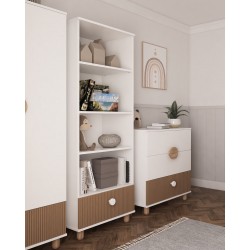 Regał LOFT z szufladą – biały/natura, 4 półki, pojemny regał dziecięcy