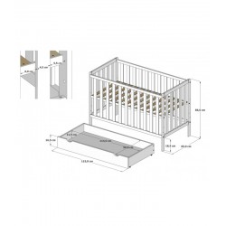 Łóżeczko niemowlęce 2w1 BAMBI 120x60 bez szuflady z barierką Białe - wymiary