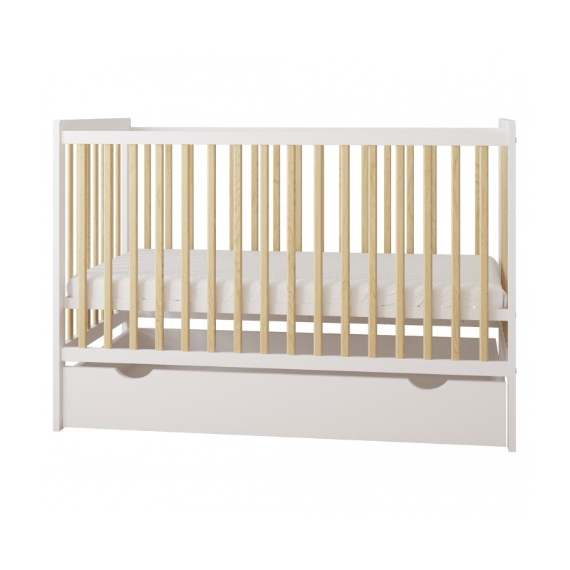 Łóżeczko dziecięce 2w1 LUMI 120×60 cm z szufladą i barierką – drewniane / tapczanik Białe