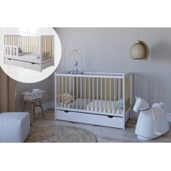 Łóżeczko dziecięce 2w1 LUMI 120×60 cm z szufladą i barierką – drewniane / tapczanik Białe