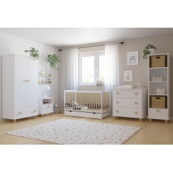 Łóżeczko dziecięce 2w1 LUMI 120×60 cm z szufladą i barierką – drewniane / tapczanik Białe