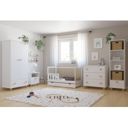 Łóżeczko dziecięce 2w1 LUMI 120×60 cm z szufladą i barierką – drewniane / tapczanik Białe