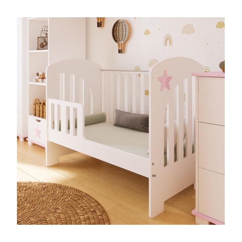 Łóżeczko niemowlęce STAR 2w1 120x60 + barierka – tapczanik, barierka gratis biały/róż