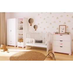 Łóżeczko niemowlęce STAR 2w1 120x60 + barierka – tapczanik, barierka gratis biały/róż