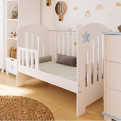 Łóżeczko niemowlęce STAR 2w1 120x60 + barierka – tapczanik, barierka gratis biały/niebieski