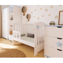 Łóżeczko niemowlęce STAR 2w1 120x60 + barierka – tapczanik, barierka gratis biały/niebieski