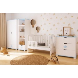 Łóżeczko niemowlęce STAR 2w1 120x60 + barierka – tapczanik, barierka gratis biały/niebieski