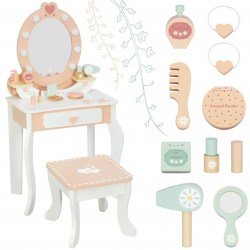 TOOKY TOY Drewniana Toaletka z Krzesełkiem Akcesoria Lustro z Oświetleniem LED + Kosmetyki