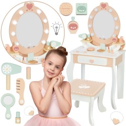 TOOKY TOY Drewniana Toaletka z Krzesełkiem Akcesoria Lustro z Oświetleniem LED + Kosmetyki