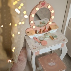 TOOKY TOY Drewniana Toaletka z Krzesełkiem Akcesoria Lustro z Oświetleniem LED + Kosmetyki