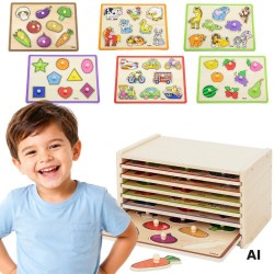 VIGA Drewniane Puzzle z Uchwytami i Półką 7 el.