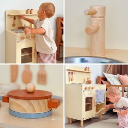 TOOKY TOY Drewniana Beżowa Kuchnia z Akcesoriami