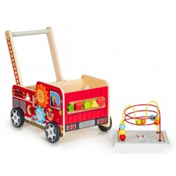Drewniany Pchacz Edukacyjny z klockami - wóz strażacki