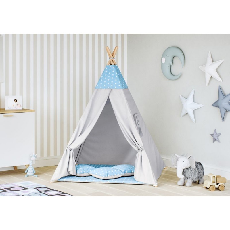 Namiot Tipi dla dziecka - Gwiazdki niebieskie - szary
