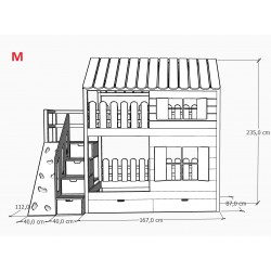 Łóżko domek Chatynka z dachem + ścianka wspinaczkowa - wymiar M