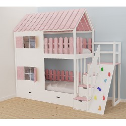 Łóżko domek Chatynka z dachem + ścianka wspinaczkowa rozowe