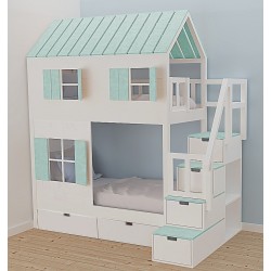 Łóżko piętrowe Domek z dwoma okienkami mięta