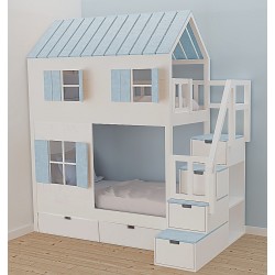 Łóżko piętrowe Domek z dwoma okienkami niebieski