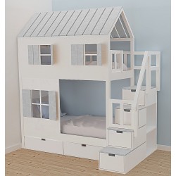 Łóżko piętrowe Domek z dwoma okienkami platyna