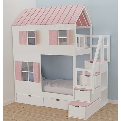 Łóżko piętrowe Domek z dwoma okienkami różowy