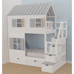 Łóżko piętrowe Domek z dwoma okienkami szary