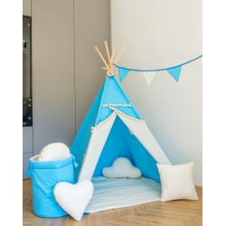 Namiot Tipi dla dzieci z pomponikami Niebieski Boho