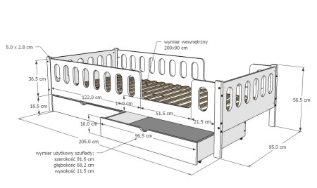 lozko dzieciece z dwoma szufladami lars - wymiary